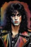 Placeholder: text "KISS" - facial portrait with makeup - 20-year-old Paul Stanley with long, wavy curly black 1980's style big hair, wearing a black leather jacket, extremely colorful, multicolored watercolor stained wall in the background - in the art style of Boris Vallejo, Frank Frazetta, Julie bell, Caravaggio, Rembrandt, Michelangelo, Picasso, Gilbert Stuart, Gerald Brom, Thomas Kinkade, Neal Adams - explosions, flames, fog, clouds, dust,