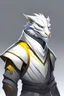 Placeholder: half shot of a white dragonborn with golden eyes, gentler features, calm, pure white scales, dark grey monk outfit, grey trousers