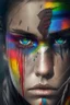 Placeholder: Beautiful girl with rainbow eyes, warrior, strong, sad, resilient.