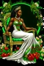 Placeholder: Create a digital airbrush cartoon of a curvy African American female sitting sideways on a queen throne. She is wearing a white shiny gown with white heels. Prominent make up with brown eyes. Highly detailed black and off-white braids in her hair. The braids are flowing all directions with a crown on her head. Background of green, black and red flowers surrounding her
