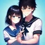 Placeholder: Clear focus,High resolution, Black short fluffy hair, and blue eyes, wearing a sailor uniform, must wear a short skirt, Blushing, Holding another girls hand, smiling, other girl nervous