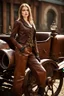 Placeholder: young woman with straight shoulder-length hair, dressed in brown leather trousers and waistcoat, leather gloves in an old industrial courtyard, next to a steampunk steam car on a summers day