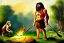 Placeholder: caveman holding a club, cave, cave bear, campfire, stone age, impressionism, masterpiece, mellow, dawn, trending on artstation,