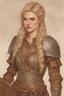 Placeholder: A drawing of beautiful woman with blond hair, viking braids, undercut. Brown leather armor.