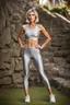 Placeholder: beautiful anorexic woman, standing, silver yoga leggins, short silver yoga top, medium length wavy bob haircut, 85 mm lens