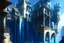 Placeholder: medieval buildings with balconies overhanging lake edge with blue sky and people, photorealism, fantastical, intricate detail, splash screen, concept art