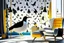 Placeholder: human feet pattern decorated wallpaper in the background and a penguin shaped and penguin coloured (black and white) armchair in a modern room in sunshine