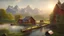 Placeholder: Looking across a torrential river to a village of new wooden houses, circular wooden church and farm buildings, and mountains in the far distance, highly detailed, realistic, sunshine, RTX