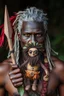 Placeholder: beautiful black skin warrior man gray hair holding a voodoo bro doll made from leaves