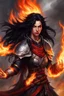 Placeholder: ierce eladrin druid with blazing jet-black hair on fire, making flames with her hands. Her eyes shine bright red, and a big scar on her face tells of battles fought.