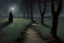 Placeholder: one person, pathway, night, dark gothic horror movies influence, disturbing, bernard van beek and alfred munnings impressionism paintings