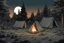 Placeholder: night time, camp,camp fire, forest, post-apocalypse, front view,, , comic book, cartoon