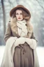 Placeholder: Portrait of a vintage woman in winter half body on a white background