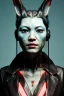 Placeholder: Medium Close Up Portrait, Front image. cyberpunk, rabbit mask, asian woman, feather hair. Latex suit. white, red, color. Yakuza style. Color background, photo studio. Avatar image, highly detailed, concept art, smooth, unreal engine 5, ray tracing, RTX, lumen lighting, ultra detail, volumetric lighting, 3d, finely drawn, high definition, high resolution.