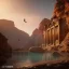 Placeholder: Petra, Ürdün, sunset, fantasy art, flying birds, springs, beautiful, realistic, hyper detailed, unreal engine 5, octane render