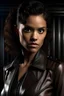 Placeholder: Maisie Richardson-Sellers as Matilda Harris, Doctor Who companion, black leather outfit.