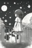 Placeholder: A little girl gazing at the night sky filled with stars and crescent moons. Incorporate stars of different sizes and crescent moons for a dreamy scene..,very happy , Colloring page for todlliers ; basic hawali style cartoon , black and white , ink outlines , , smooth , anime style , minimalist , cute eyes , full body , white shose , sketchbook , realistic sketch , free lines , on paper , character sheet , clean line art high detailed