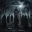 Placeholder: In the center there are many figures in black robes against the background of a gloomy night abandoned cemetery. Cinematic style.