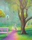 Placeholder: park mystical dream, park bench, man, woman, child, dog, trees, path, bird, sunshine, mystical, fantasy, romanticism, pastel colors, daylight, daytime, acrylic painting, detailed,