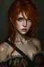 Placeholder: a pretty fantasy woman, young,messy ginger hair, protective, troubled, dark fantasy art