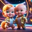 Placeholder: (masterpiece, best quality, 8k, RAW photo, beautiful and aesthetic:1.2), complex detail, Indirect light, photorealistic, (((full body))), 2 Cosmic Boss Baby style, bald boy and girl smiling, long curved blonde hair , with a ginger cat companion, colorfull Sci-Fi environment