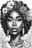 Placeholder: beautiful african american adult female with flowers in her hair black and white coloring page