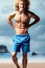 Placeholder: full body image of a beautiful 12 year old boy with long, blonde curly hair and light blue eyes, smiling, shirtless, in front of an distant beach, 8k