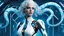 Placeholder: midle shot from An android-mutant woman with long white-blue swirlings plastic, neon and metal hair, a biomechanical mutant with sky-blue eyes, white shiny robot body with some blue led, she name the AI-Medusa. The woman with like snakes of hair, the wirling with blue-white hair, she stands in the futuristic office, stunning, mystic and sci-fi mix creature, high detalied, sharp focus, perfect beauty, professional photo