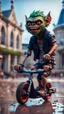 Placeholder: full figure portrait of a giant dunking basket player vampire werewolf goblin gremlin on scooter bike on wet soil in front of dome court, in the style of Gorillaz,bokeh like f/0.8, tilt-shift lens 8k, high detail, smooth render, down-light, unreal engine, prize winning