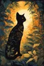 Placeholder: A striking and surreal painting of a cat silhouette, illuminated by a warm, golden light that creates a mesmerizing jungle scene on its body. The cat's fur shimmers with an otherworldly glow, as if woven with threads of moonlight. The jungle scene within the cat's fur is filled with dense foliage, radiant sunsets, and a serene landscape of leaves and vines, providing a sense of tranquility and harmony with nature. A delicate dove soars within the scene, representing the spirit of the cat. The ca