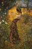 Placeholder: Night, vegetations, flowers, one woman, distant house, hans thoma, and george iness paintings