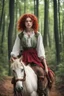 Placeholder: Sixteen year old teenager, green eyes, blood red curls, dressed as a peasant girl traveling through the forest on horseback.