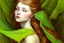 Placeholder: Portrait of a young woman in the style of Arthur Rackham of a young, rhubarb leaf enshrouded green woman. She is beautiful and has red highlights
