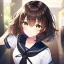 Placeholder: Clear focus, High resolution, short dark brown fluffy hair, green eyes, wearing a black sailor uniform