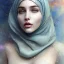 Placeholder: dripping watercolor paint as woman's face, dissolving, disintegrating, wearing hijab, fine detail, highly intricate, wearing blue hijab, modern surrealism painting, fog, high-quality, volumetric lighting, 8k, ultrahd, George Grie, Marco Escobedo, Igor Morski,Brian Froud, Howard Lyon, Selina French,