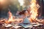 Placeholder: paper money stacks, cute chibi brunette princess desperately throwing a pile of paper money onto a burning bonfire with a pitchfork in sunshine, ethereal, cinematic postprocessing, bokeh, dof