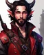 Placeholder: fantasy humanoid demon, tiefling horned, small ram horns, white skin, ashey complexion, rogue scoundrel, slight smile, gunslinger, pirate gear, red eyes, cat eyes, black neck length hair, short black beard, red jacket, one leather ammo belt, dim lighting, moody