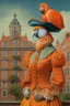 Placeholder: Female Half parrot half human in a 1700s Orange Dutch uniform next to a Dutch city