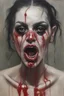 Placeholder: a portrait of an extremely ugly female cannibal prostitute with a black eye and a fat lip and blood dripping from her mouth, oil painting by Zushia Zalarngo