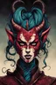 Placeholder: highly detailed, color woodcut concept illustration of a female Tiefling seeress character , maximalist, sharp focus, highest resolution, in the styles of Alex Pardee, Wayne Reynolds, Denis Forkas , and Masahiro Ito, boldly inked, 8k, coarse, gritty textures