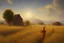 Placeholder: Peder Monk Monsted style, wheat field, harvest, distant mountains, bright sunshine