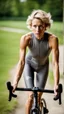 Placeholder: photography of a beautiful anorexic woman, grey satin triathlon top, sports illustrated, blond short wavy bob haircut, pronounced sternum, flat chest, anthracite cycling leggins