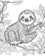 Placeholder: create a 2d black outline, "safari smiling cartoon sloth on a branch coloring book for kids", coloring page, low details design, black contour, coloring page design, simple background, colorful , card style, coloring page for kids, white background, sketch style, safari landscape, cartoon style