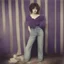 Placeholder: Clara bow, Hippie girl, jeans, purple fur, striped wallpaper, old autochrome