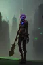 Placeholder: dystopian city, goblin holding an axe, green hair, steampunk style