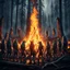 Placeholder: close up one large bonfire with its flames rising high in a clearing, around the bonfire many anthropomorphic wolf humanoids crying, dancing, singing and just watching the flames. rain, cold deep colors, around them in the background dark trees with huge trunks, rainy day, high contrast, high detail, atmospheric, dark fantasy, sci-fi atmosphere, cinematic