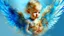 Placeholder: Beautiful baby angel, double exposure fantasy, blue, gold, glitter, fine detailing, hyperrealism, vibrant colors, photorealism, 3D, acrylic and watercolor elements, heart.