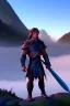 Placeholder: dark elf man, lord of the rings, forest, sunset, mystic, fog render unreal, cave exit, mountain, 2 scimitars