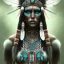 Placeholder: war painted pueblo Indian female, dark, disturbed expression.intricate detailethnically accurate face, intricate head dress, detailed make-up, detailed turquoise jewelry, detailed hair, detailed feathers, use dynamic palette, accurate proportions, high contrast.