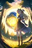 Placeholder: Anime, blonde girl in medieval clothing in large field in the middle of the forest with a globe of light next to her